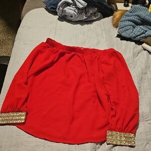 Elegant Red Off-Shoulder Blouse with Gold Accents